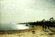 Eugene Jansson kustlandskap med figurer och hund pa sandstrand oil on canvas